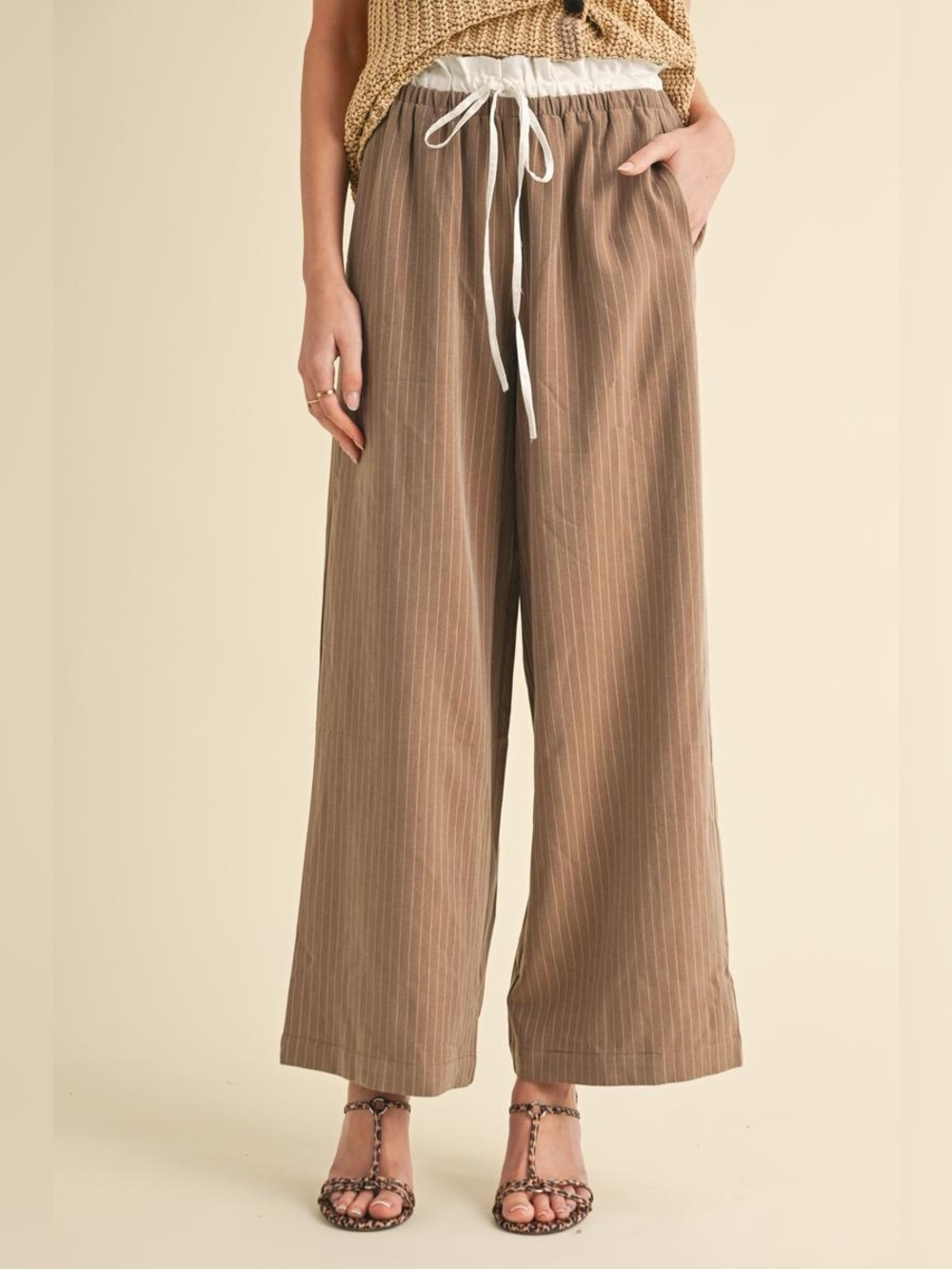 #777 firm Wide Leg Drawstring Linen-Blend Pants — Brown Pinstripe